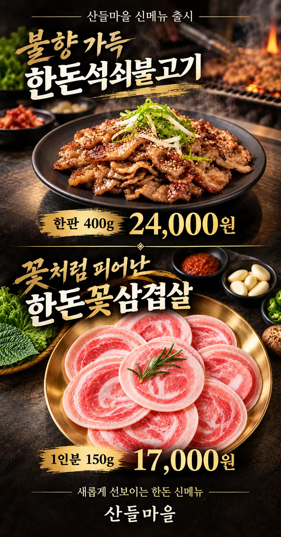 산들마을 신메뉴 출시 포스터. 위에는 불향 가득 한돈석쇠불고기 한판 400g 24,000원, 아래에는 꽃처럼 피어난 한돈꽃삼겹살 1인분 150g 17,000원.